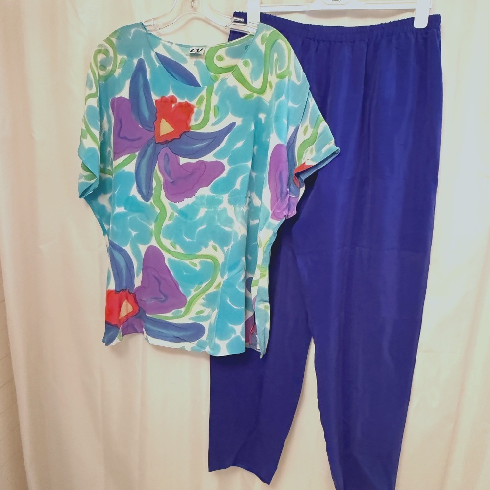 CY Maui Women’s XL 100% Silk Set Hand Painted Orchid Top & Cobalt Blue Pants